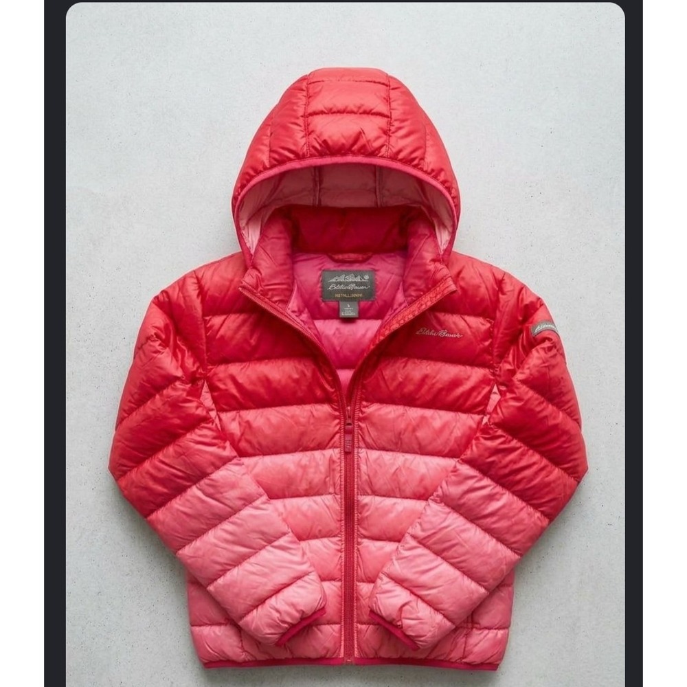 Eddie Bauer Kids Pink Red Ombre Hooded Puffer Jacket Packable Size L 14